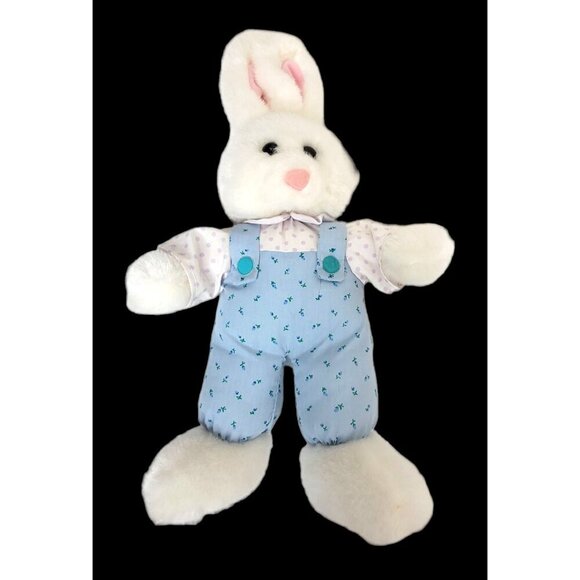 Bunny Rabbit Print Overalls Shirt Plush Stuffed 15" Wired Ears Easter Spring - Picture 5 of 8